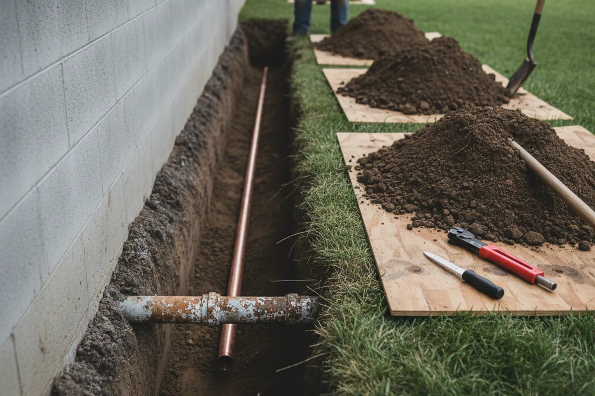 Excavated water line trench during Water Softener Installation in Barlow